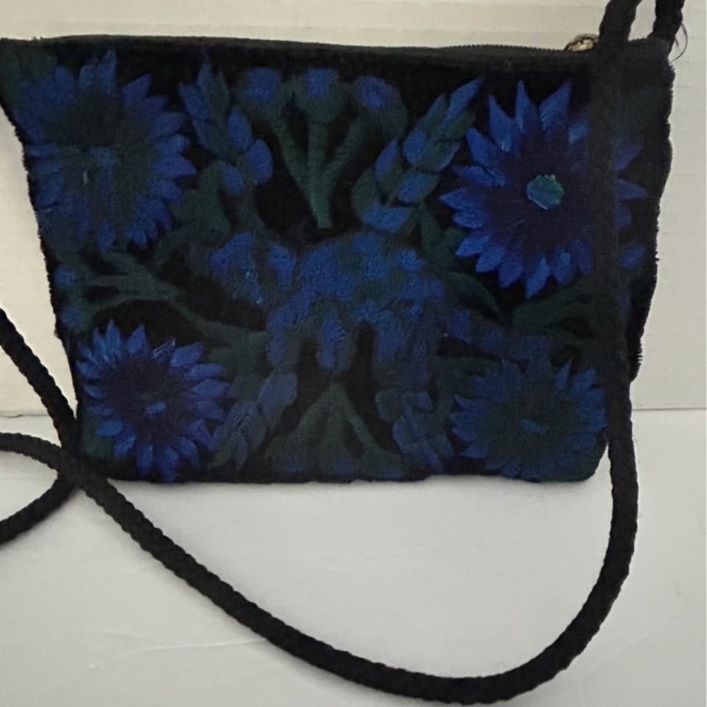 Floral Embroidered Black and Blue Women's Bag